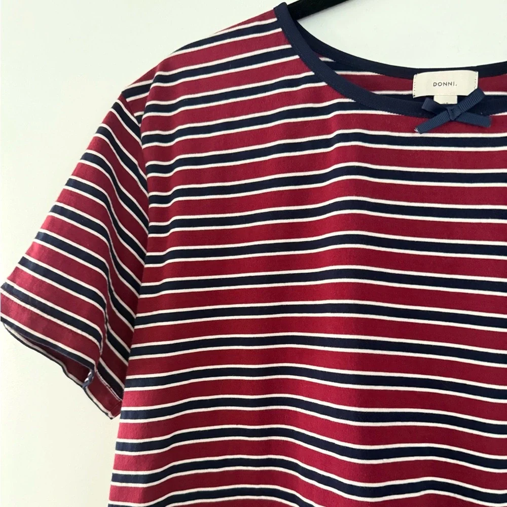 DONNI. cotton model short sleeve tee navy burgundy red striped shirt size XS - Picture 3 of 6